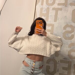 Cozy Cable Knit Cropped Sweater - white